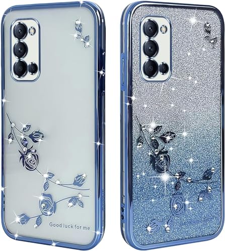 JIEZUIMEI Blume Design case Hülle für Oppo A52 / Oppo A72 4G Transparent Handyhülle Stoßfest schutzhülle Blume Design, für Bling Glitter Handyhülle Ultradünn für Frauen Mädchen Blau von JIEZUIMEI