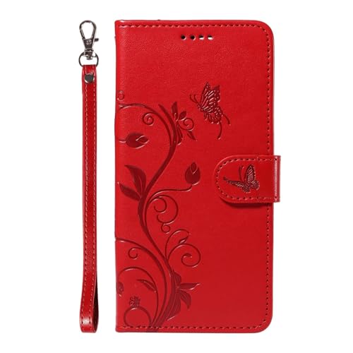 JIEZUIMEI Handyhülle für Realme 9 Pro Plus, mit [2 Kartenfächer] [Aufstellfunktion] Handyhülle, Blumen Muster Handy hülle, Klapphülle Etui Wallet Flip Case Schutz Hülle Rot von JIEZUIMEI