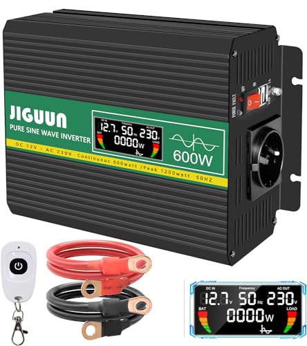 JIGUUN 600W Wechselrichter Reiner Sinus Spannungswandler 12v 230v Inverter Mit EU-Steckdose und 2 USB-Ausgängen 2,1 A，Kabellose Fernbedienung und LCD-Anzeige Spitzenleistung 1200W für LKW Camping von JIGUUN