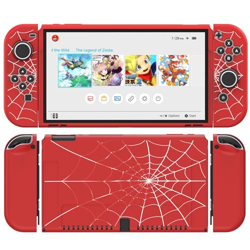 JINGDU Schutzhülle Kompatibel mit Nintendo Switch OLED 2021, TPU Case Zubehör für Switch Console und Grip Joy-Con, Switch Protector mit 4 Daumengriffen, Rot Spinnennetz von JINGDU