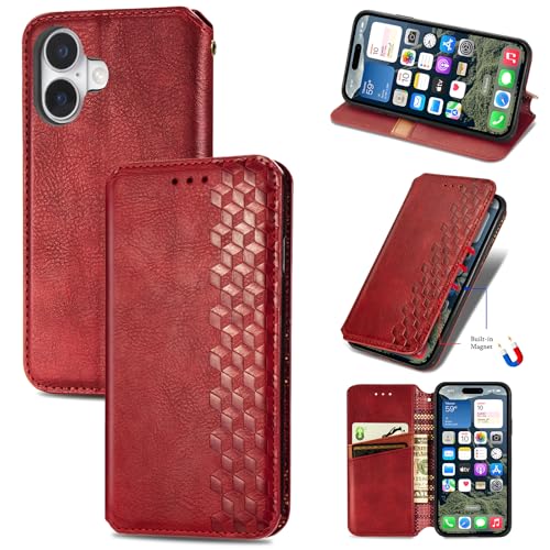 JIUNINE Handytasche für Apple iPhone 16 Hülle, Premium Leder Flip Case mit 3D Raute Pattern [Kartenfach] [Magnetische Adsorption] klappbar Schutzhülle für Apple iPhone 16, Rot von JIUNINE