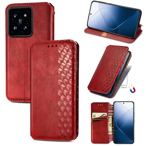 JIUNINE Handytasche für Xiaomi 14T Pro Hülle, Premium Leder Flip Case mit 3D Raute Pattern [Kartenfach] [Magnetische Adsorption] klappbar Schutzhülle für Xiaomi 14T Pro, Rot von JIUNINE