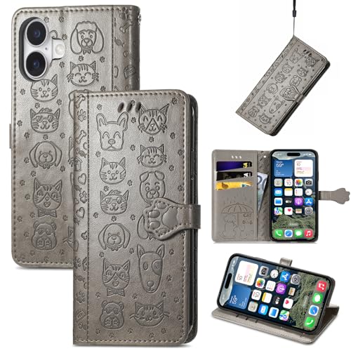 JIUNINE Hülle für Apple iPhone 16 Plus, Karikatur Handyhülle PU Leder Flip Case mit [Kartenfach] [Magnetverschluss] Schutzhülle Tasche Cover Lederhülle für Apple iPhone 16 Plus, Grau von JIUNINE