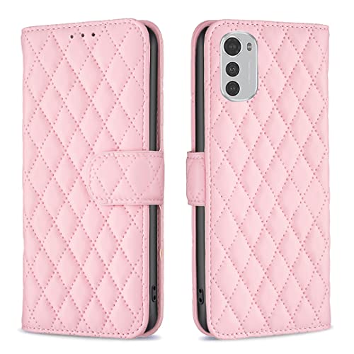 JIUNINE Hülle für Motorola Moto E32 / Moto E32S, Handyhülle Leder Flip Case mit Rhombenmuster [Kartenfach] [Magnetverschluss] Schutzhülle Tasche Cover Lederhülle für Motorola Moto E32, Rosa von JIUNINE