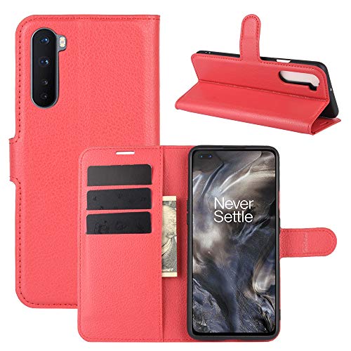 JIUNINE Hülle für OnePlus Nord 5G, Handyhülle Premium PU Leder Flip Cover [Kartenfach] [Magnetverschluss] Stoßfeste Tasche Klapphülle Lederhülle Kompatibel mit OnePlus Nord 5G, Rot von JIUNINE