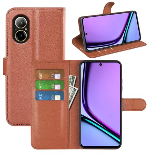 JIUNINE Hülle für Realme C67, Handyhülle PU Leder Flip Case Stoßfeste Tasche mit Kartenfach, Magnetschnalle, Silikon Bumper Klapphülle für Realme C67, Braun von JIUNINE