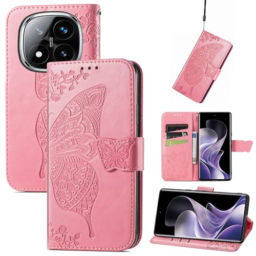 JIUNINE Hülle für Redmi Note 14 Pro+ 5G, Handyhülle mit Schmetterling Muster [Kartenfächer] [Standfunktion] [Premium PU Leder] Stoßfeste Schutzhülle Klapphülle Handytasche Lederhülle, Rosa von JIUNINE