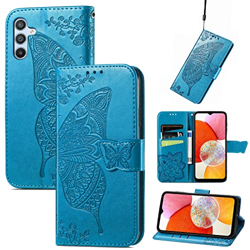 JIUNINE Hülle für Samsung Galaxy A14 4G / 5G, Handyhülle Leder Flip Case mit Schmetterling Muster [Kartenfach] [Magnetverschluss] Schutzhülle Tasche Cover Lederhülle für Samsung A14, Blau von JIUNINE