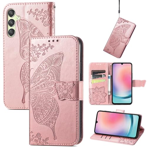 JIUNINE Hülle für Samsung Galaxy A15, Handyhülle Leder Flip Case mit Schmetterling Muster [Kartenfach] [Magnetverschluss] Schutzhülle Tasche Cover Lederhülle für Samsung Galaxy A15, Roségold von JIUNINE