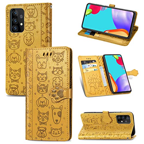 JIUNINE Hülle für Samsung Galaxy A52S 5G / A52 5G, Karikatur Handyhülle PU Leder Flip Case mit [Kartenfach] [Magnetverschluss] Schutzhülle Tasche Cover Lederhülle für Samsung A52 4G, Gelb von JIUNINE