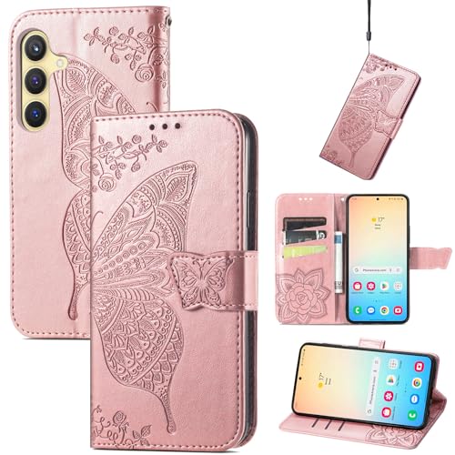 JIUNINE Hülle für Samsung Galaxy S25+, Handyhülle mit Schmetterling Muster [Kartenfächer] [Standfunktion] [Premium PU Leder] Stoßfeste Schutzhülle Klapphülle Handytasche Lederhülle, Roségold von JIUNINE