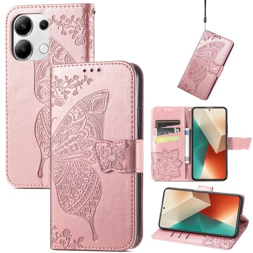 JIUNINE Hülle für Xiaomi Redmi Note 13 4G, Handyhülle Leder Flip Case mit Schmetterling Muster [Kartenfach] [Magnetverschluss] Schutzhülle Tasche Cover Lederhülle für Redmi Note 13 4G, Roségold von JIUNINE