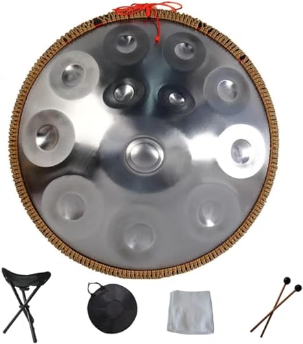 Handpan Drum Hand Pan 9 10 12 14 Noten Professionelles Schlaginstrument Handpan aus Stahl mit Reisetasche, Seildekoration und Schlägeln für Meditation Yoga Zen, Silber, 12 Noten von JJXDYM