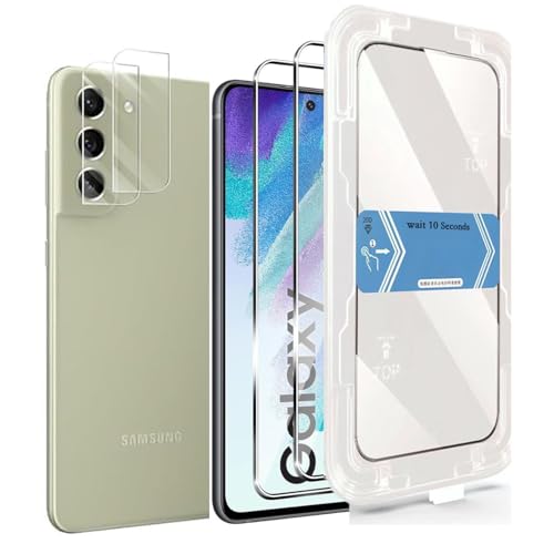 JMDZDL Schutzglas für Samsung Galaxy S21 FE Schutzfolie, [2+2 Stück] Full Screen Panzerfolie Glas mit Positionierhilfe + Kamera Schutzglas für Samsung S21 FE, 9H Ultra-klar Displayschutz mit Schablone von JMDZDL