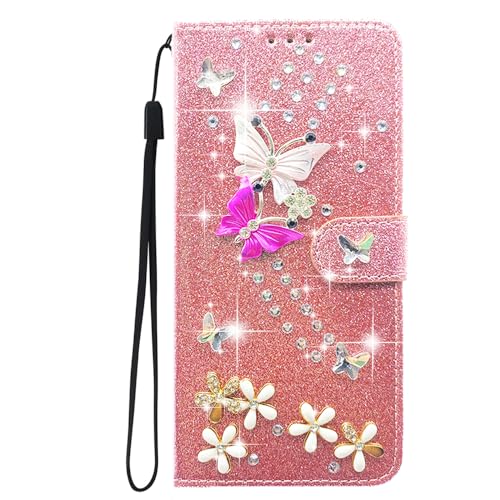 JMTALL Glitzer Hülle für Samsung Galaxy A04s Bling Klappbar PU Leder Flip Cover 3D Schmetterling Blume Design Glänzend Klapphülle mit Magnetisch Kartenfach für Galaxy A04s - Roségold von JMTALL