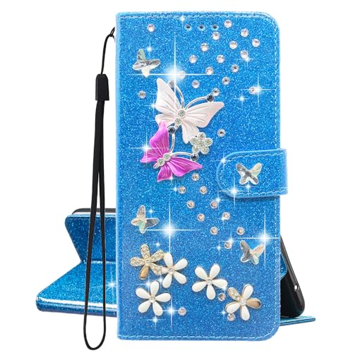 JMTALL Glitzer Hülle für iPhone 16 Bling Klappbar PU Leder Flip Cover 3D Schmetterling Blume Design Glänzend Klapphülle mit Kartenfach Schutzhülle für iPhone 16 - Blau von JMTALL