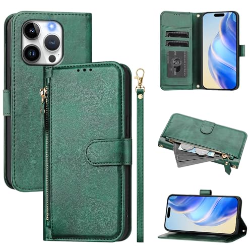 JMTALL Handyhülle für iPhone 16 Pro Klappbar PU Leder Flip Cover Handytasche Reißverschluss Brieftasche Klapphülle mit Magnetisch Kartenfach Schutzhülle für iPhone 16 Pro - Dunkelgrün von JMTALL