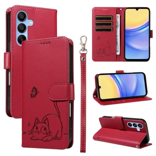 JMTALL Hülle für Samsung Galaxy A26 5G Klappbar PU Leder Flip Cover Handytasche Niedliches Katze Schmetterling Motiv Klapphülle mit Kartenfach Standfunktion Schutzhülle für Galaxy A26 5G Rot von JMTALL