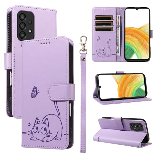 JMTALL Hülle für Samsung Galaxy A33 5G Klappbar PU Leder Flip Cover Handytasche Niedliches Katze Schmetterling Motiv Klapphülle mit Kartenfach Standfunktion Schutzhülle für Galaxy A33 5G Lila von JMTALL