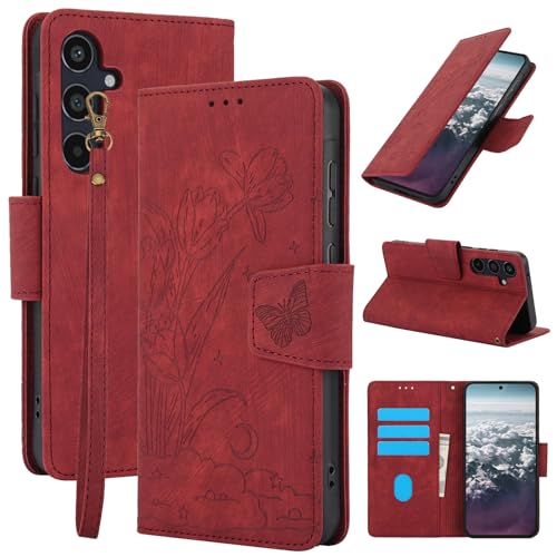 JMTALL Hülle für Samsung Galaxy A55 5G Klappbar PU Leder Flip Cover Handytasche Tulpen Schmetterling Mond Motiv mit Magnetisch Kartenfach Standfunktion Schutzhülle für Galaxy A55 5G Rot von JMTALL