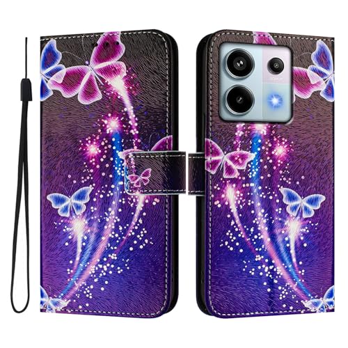 JMTALL Hülle für Xiaomi Redmi Note 13 Pro 5G Klappbar PU Leder Flip Cover Handytasche Rot Blau Schmetterling Motiv Klapphülle mit Magnetisch Kartenfach Schutzhülle für Redmi Note 13 Pro 5G von JMTALL