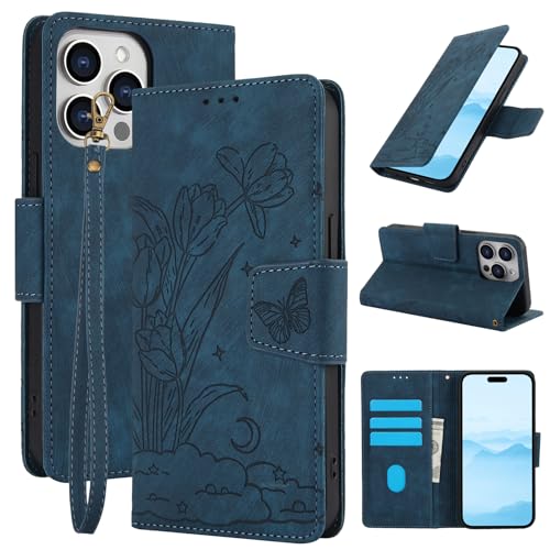 JMTALL Hülle für iPhone 11 Pro Klappbar PU Leder Flip Cover Handytasche Tulpen Schmetterling Mond Motiv mit Magnetisch Kartenfach Standfunktion Schutzhülle für iPhone 11 Pro Blau von JMTALL