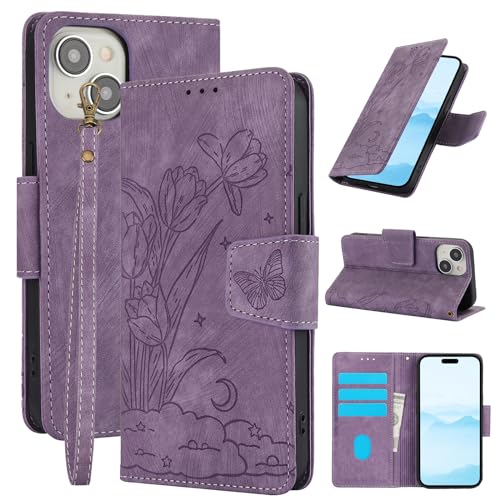 JMTALL Hülle für iPhone 15 Plus Klappbar PU Leder Flip Cover Handytasche Tulpen Schmetterling Mond Motiv mit Magnetisch Kartenfach Standfunktion Schutzhülle für iPhone 15 Plus Lila von JMTALL