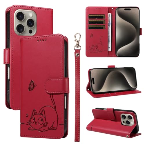 JMTALL Hülle für iPhone 16 Pro Max Klappbar PU Leder Flip Cover Handytasche Niedliches Katze Schmetterling Motiv Klapphülle mit Kartenfach Standfunktion Schutzhülle für iPhone 16 Pro Max Rot von JMTALL