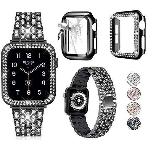 3er-Pack kompatibel mit Apple Watch Armband 38 mm 40 mm 41 mm 42 mm 44 mm 45 mm 49 mm, mit Hülle, glitzerndes Diamant-Metallarmband mit Diamantgehäuse + Glas-Displayschutzfolie für iWatch Serie 9, 8, von JOHIPI