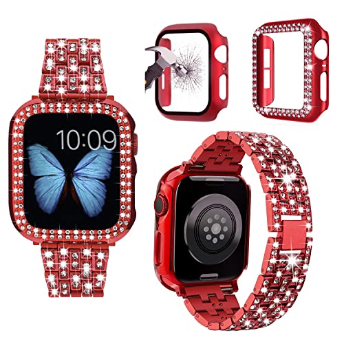 3er-Pack kompatibel mit Apple Watch Armband Ultra 49 mm mit Hülle für Frauen, Bling Jewelry Diamant-Metallband mit Diamant-Gehäuse und Glas-Displayschutzfolie für iWatch Serie 8 Ultra 49 mm (Rot, 49 von JOHIPI