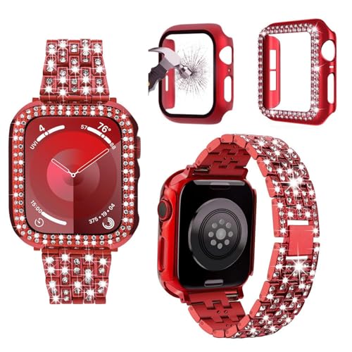 3er-Pack kompatibel mit Apple Watch Armband Ultra 49 mm mit Hülle für Frauen, Bling Jewelry Diamant-Metallband mit Diamant-Gehäuse und Glas-Displayschutzfolie für iWatch Serie 8 Ultra 49 mm (Rot, 49 von JOHIPI