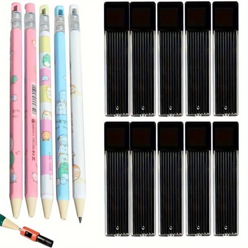 JOMPENS 4 Druckbleistifte + 45 Stiftkerne, 2b 2,0 mm niedlicher Bleistift, dicker Ersatzkern, mit einem Bleistiftspitzer für kontinuierliches Schreiben, Schreibwaren-Set (10 schwarze Minen) von JOMPENS