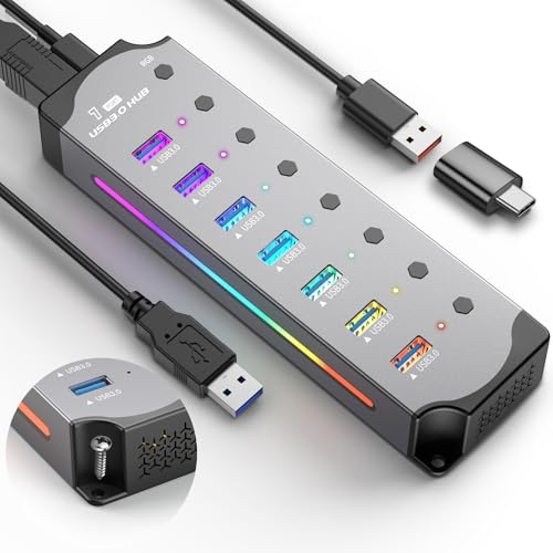 USB 3.0 Hub,JOOPSHEE Aluminium Gehäuse 7 Ports Splitter Hub mit individuellen LED On/Off Schaltern,3.2ft/1m langes Kabel für Laptop/PC/Flash Drive/Mobile HDD von JOOPSHEE