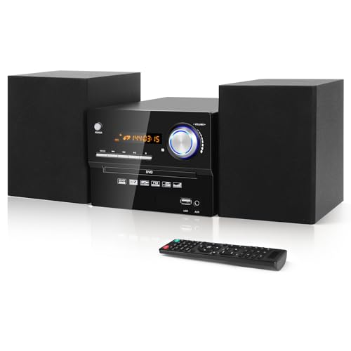 Kompaktanlage mit CD Bluetooth, Micro-HiFi-System mit 30 Watt Lautsprechersystem, UKW-Radio, Aux-In, USB-Wiedergabe, Regionsfreier DVD-Player Retro-HiFi-Musiksystem mit MIC-Eingang/Cinch-Ausgang von JOVELL