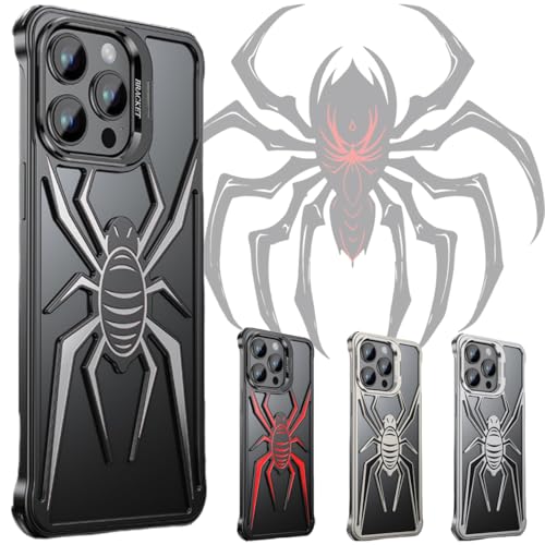 JPZI Spider Case with Metal Lens Bracket for iPhone, Metal Aluminum 3D Hollow Spider Rimless Lens Stand Case for iPhone 15 14 13 Pro Max (for iPhone 14,Black) von JPZI