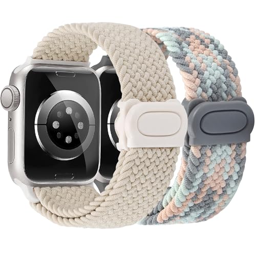 JR.DM 2ST Armband Kompatibel mit Apple Watch Armband 40mm 41mm 38mm 42mm für Damen, Geflochtenes Elastisches Nylon Armband für Apple Watch Series 10 9 SE 8 7 6 5 4 3 2 1, Polarstern/Sanfte Töne von JR.DM