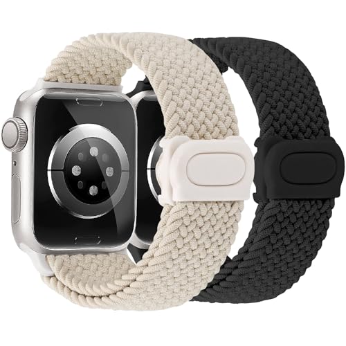 JR.DM 2ST Armband Kompatibel mit Apple Watch Armband 45mm 44mm 42mm 46mm für Damen Herren, Geflochtenes Elastisches Nylon Armband für Apple Watch Series 10 9 SE 8 7 6 5 4 3 2 1, Polarstern/Schwarz von JR.DM