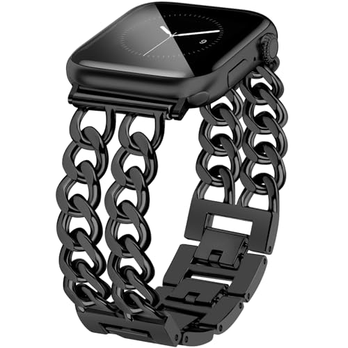 JR.DM Metall Band Schwarz Kompatibel mit Apple Watch Armband 38mm 40mm 41mm 42mm 44mm 45mm, Doppelketten Elegant Herren Damen Gliederarmband Ersatz für iWatch Serie 9/8/7/6/5/4/3/2/1/SE/Ultra von JR.DM