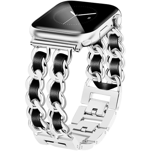 JR.DM Metall Band Silber Kompatibel mit Apple Watch Armband 38mm 40mm 41mm 42mm 44mm 45mm 46mm, Doppelketten Elegant Damen Leder Armband Ersatz für iWatch Series 10/9/8/7/6/5/4/3/2/1/SE/Ultra von JR.DM