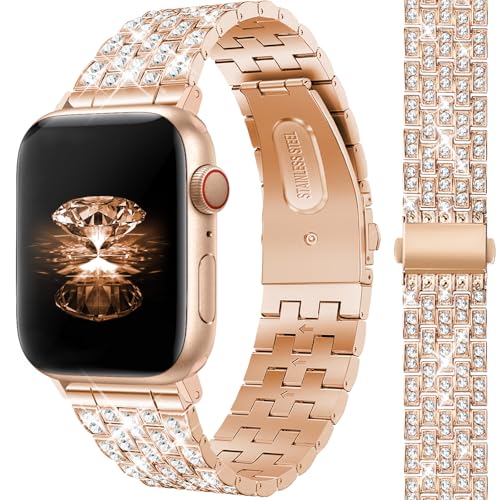 JR.DM Metall Watch Armband Damen Kompatibel mit Apple Watch Metall Armband 38mm 40mm 41mm,Glitzer Strass Diamant Metall Ersatz Armbänder für Apple Watch Series 9/8/7/6/5/4/3/2/1/SE Damen, Roségold von JR.DM