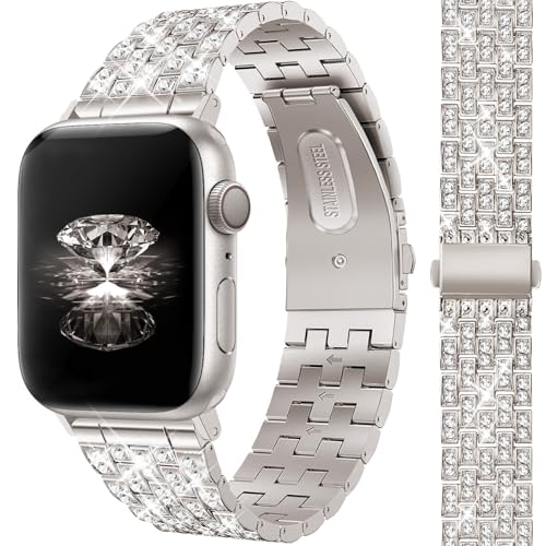 JR.DM Metall Watch Armband Damen Kompatibel mit Apple Watch Metall Armband 42mm 44mm 45mm 46mm, Glitzer Strass Diamant Metall Ersatz Armbänder für Apple Watch Series 10/9/8/7/6/5/4/3/2/1/SE Damen von JR.DM