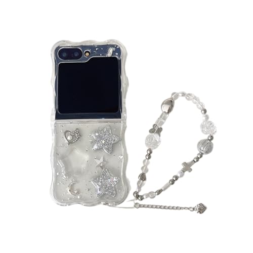 JRCYVTA Schutzhülle für Samsung Galaxy Z Flip 6, niedlich, gelockt, gewellt, luxuriös, glitzernde Sterne, Herzmuster, glitzernd, coole Handyhülle für Damen und Mädchen (mit Kette) von JRCYVTA