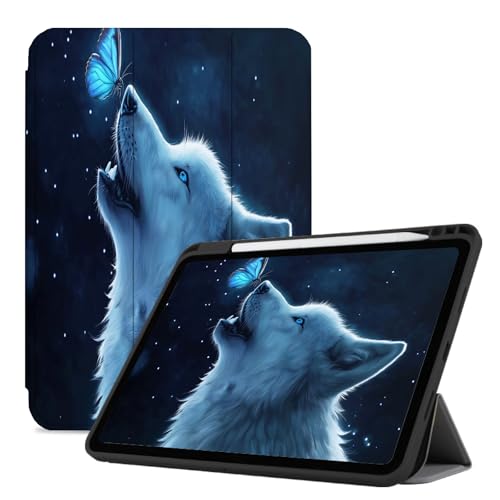 Hülle Für Ipad 9 8 7 Generation - Hülle Für Ipad 10,2 Zoll, Smart Cover Mit Stiftschlitz Und Automatischem Wake/Sleep Für Ipad 9/8/7 Gen 2021/2020/2019, Blauäugiger Wolf und Schmetterling von JRZEOCI