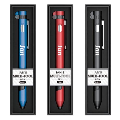 Ian Named Personalisierbarer Multi-Tool-Stift, 7-in-1 mit Taschenlampe, Handyhalter, Stylus, Kompass und Schraubendreher-Set, verschiedene Farben (Rot, Blau, Schwarz) – Schwarze Tinte von JRose Collections