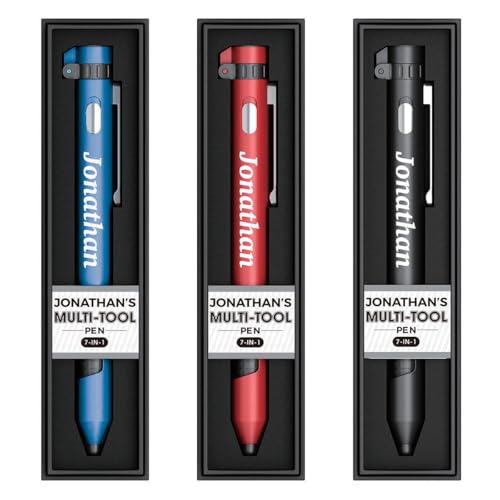 Jonathan 7-in-1 Multifunktionsstift, personalisierbar, mit Taschenlampe, Handyhalter, Eingabestift, Kompass und Schraubendreher-Set, verschiedene Farben (Rot, Blau, Schwarz) – schwarze Tinte von JRose Collections