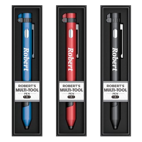 Robert Named Personalisierter Multifunktions-Stift 7-in-1 mit Taschenlampe, Handyhalter, Stylus, Kompass und Schraubendreher-Set – verschiedene Farben (rot, blau, schwarz) – schwarze Tinte von JRose Collections