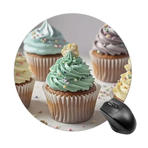 Exquisites Cupcake-bedrucktes rundes Mauspad, tragbar, wasserdicht, rutschfest, Gummi-Mauspad, Schreibtisch-Dekoration, für Laptop, Computer, Gaming, Büro, Zuhause von JTKLQBN