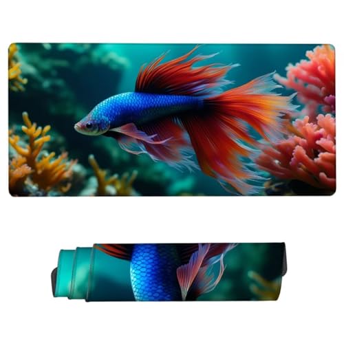 Mauspad XXL 800x300x3mm, Mousepad Blau Schreibtischunterlage, Mousepad Fisch Gaming Mauspad Wasserdicht, Desk Mat mit Vernähte Kanten, Rutschfester Mouse Pad, Mauspads für Gaming, Büro, Zuhause ZH-895 von JUAIYOON