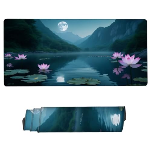 Mauspad XXL 800x300x3mm, Mousepad Lotus Schreibtischunterlage, Mousepad Mond Gaming Mauspad Wasserdicht, Desk Mat mit Vernähte Kanten, Rutschfester Mouse Pad, Mauspads für Gaming, Büro, Zuhause ZH-775 von JUAIYOON