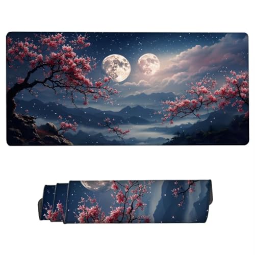 Mauspad XXL 900x400x3mm,Mousepad Mond Schreibtischunterlage,Mousepad Kirschblüten Gaming Mauspad Wasserdicht,Desk Mat mit Vernähte Kanten,Rutschfester Mouse Pad,Mauspads für Gaming,Büro,Zuhause ZH-695 von JUAIYOON